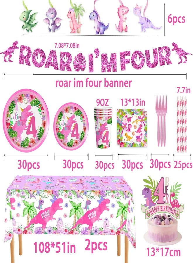 BEOXAGAR Pink Girl Dinosaur 4th Birthday Decorations for Dino-Four dinosaurs girl Birthday Party Tableware Set include Glitter Roar I'm Four Banner Plates Napkins Cups Tablecloth for 4th Girls Party Supplies - Image 2